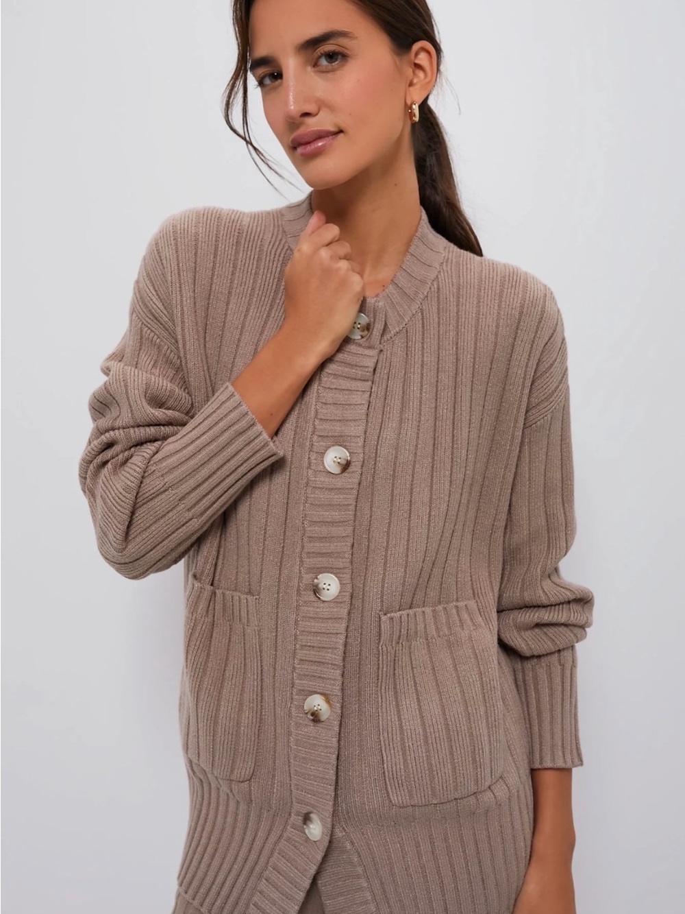 Varley Ribbed Button Cardigan in Taupe Beige